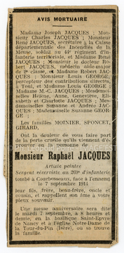 Avis mortuaire de Raphaël Jacques (1882-1914)