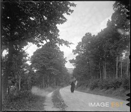 Femme sur une route (Meurthe-et-Moselle ?)