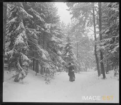 Femme dans une forêt enneigée