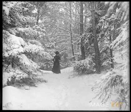 Femme dans une forêt enneigée