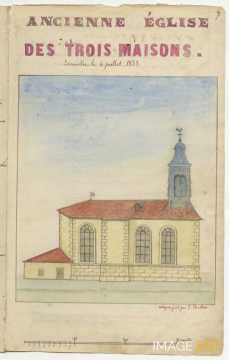 Dessin de l'église des Trois-Maisons (manuscrit Morius 77)