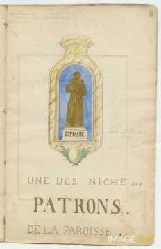 Statue Saint-Fiacre de l'église des Trois-Maisons (manuscrit Morius 77)