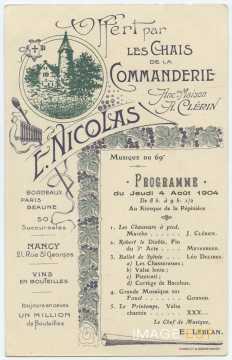 Carte publicitaire Les Chais de la Commanderie, E. Nicolas, ancienne Maison A. Clérin (Nancy)