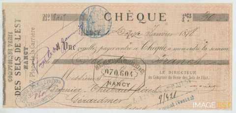 Chèque du Comptoir de vente des sels de l'Est (Nancy)