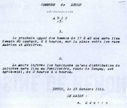 Avis à la population en 1918 (Réhon)