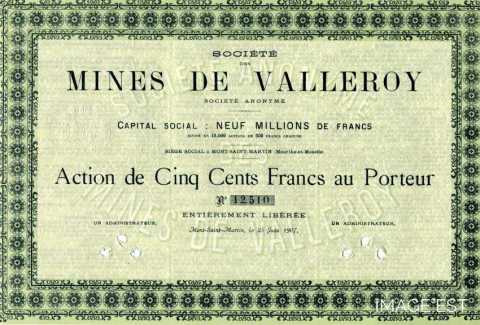 Action au porteur des mines de Valleroy (Meurthe-et-Moselle)