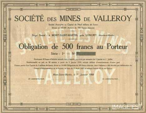 Obligation de 500 francs des mines de Valleroy (Meurthe-et-Moselle)