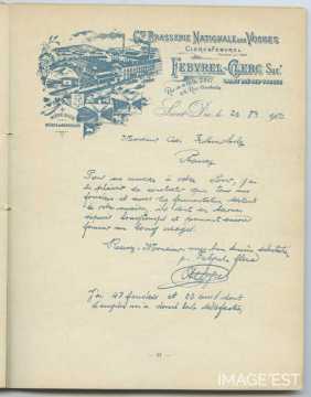 Attestation de la Grande  Brasserie Nationale des Vosges (Saint-Dié)